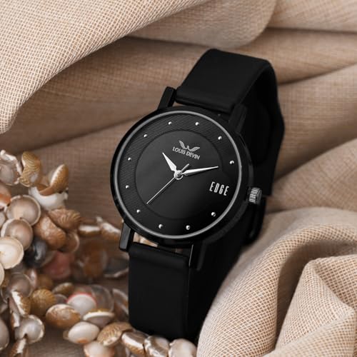 LOUIS DEVIN Black Silicone Strap Analog Wrist Watch for Women (Black Dial) | LD-LR192-BLACK - Image 3