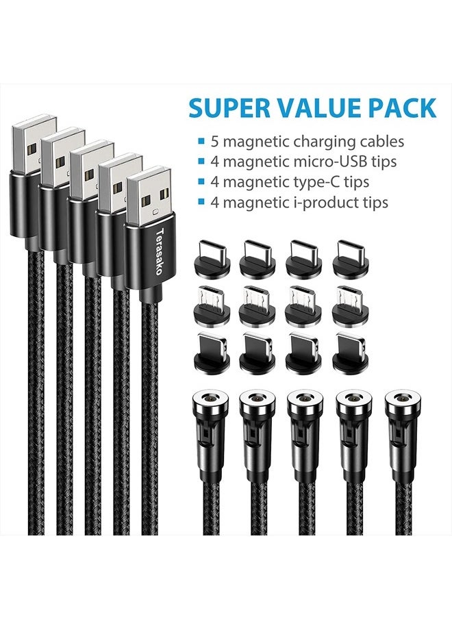 Terasako - Magnetic Charging Cable 5-Pack (3/3/6/6/10FT) - 540° Rotating Magnetic Phone Charger Cable with LED Light - 90° Angle Connector, Nylon-Braided Cords (Black) - Image 1