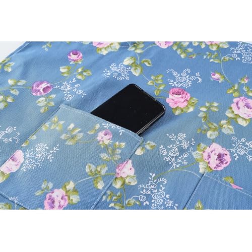DDJYP Women Kitchen Apron-2 Pack, Cotton Canvas Flower Apron, Floral Pattern Apron with Pockets for Women Chef Apron(Green&Blue) - Image 2