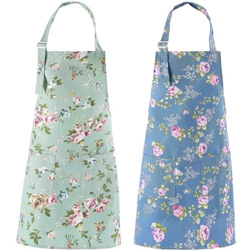 DDJYP Women Kitchen Apron-2 Pack, Cotton Canvas Flower Apron, Floral Pattern Apron with Pockets for Women Chef Apron(Green&Blue) - Image 1