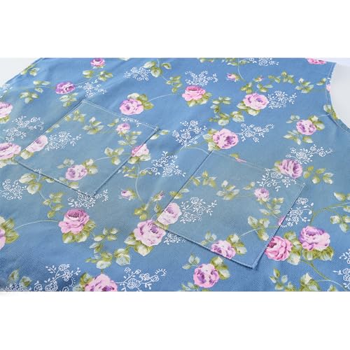DDJYP Women Kitchen Apron-2 Pack, Cotton Canvas Flower Apron, Floral Pattern Apron with Pockets for Women Chef Apron(Green&Blue) - Image 3