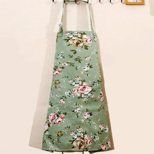 DDJYP Women Kitchen Apron-2 Pack, Cotton Canvas Flower Apron, Floral Pattern Apron with Pockets for Women Chef Apron(Green&Blue) - Image 4