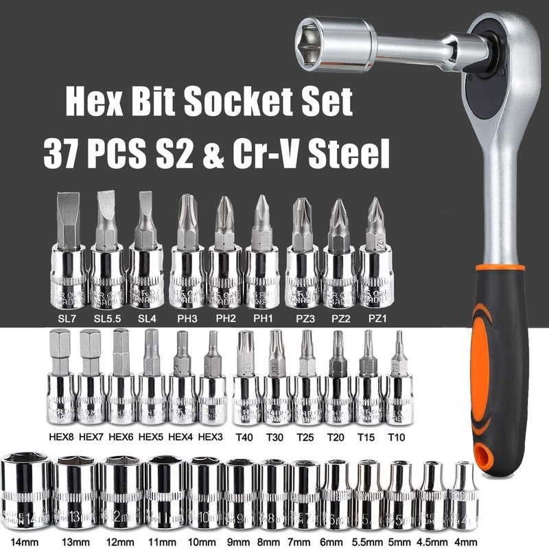 HUBTURE 46 in 1 Heavy Duty 1/4" Combinational Ratchet Socket Wrench Spanner 46 Pieces Chrome Vanadium Hand Tool Kit Set For Repairing Work, DIY, Auto Repairs Car & Bike - Image 2