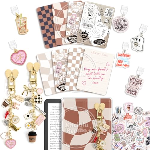 KACIOLA STUDIO 8PCS Inserts Set for E-reader, 6 Type C Charms and 2 Charm Chain with 50PCS Stickers for E-reader, 6.9"x4.8" Insert Coffee Theme for Paper White11th/12th, Gifts for Booklovers - Image 1