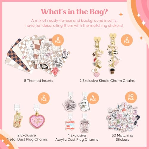 KACIOLA STUDIO 8PCS Inserts Set for E-reader, 6 Type C Charms and 2 Charm Chain with 50PCS Stickers for E-reader, 6.9"x4.8" Insert Coffee Theme for Paper White11th/12th, Gifts for Booklovers - Image 3
