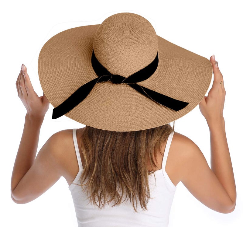 Lanzom Womens Wide Brim Straw Hat Big Floppy Foldable Roll up Cap Beach Sun Hat UPF 50+(Bowknot-Khaki) - Image 2