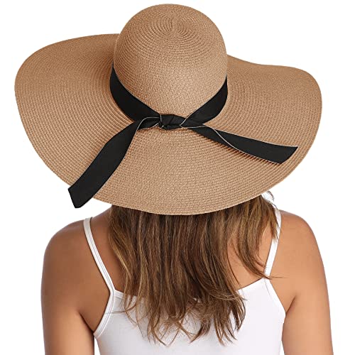 Lanzom Womens Wide Brim Straw Hat Big Floppy Foldable Roll up Cap Beach Sun Hat UPF 50+(Bowknot-Khaki) - Image 1