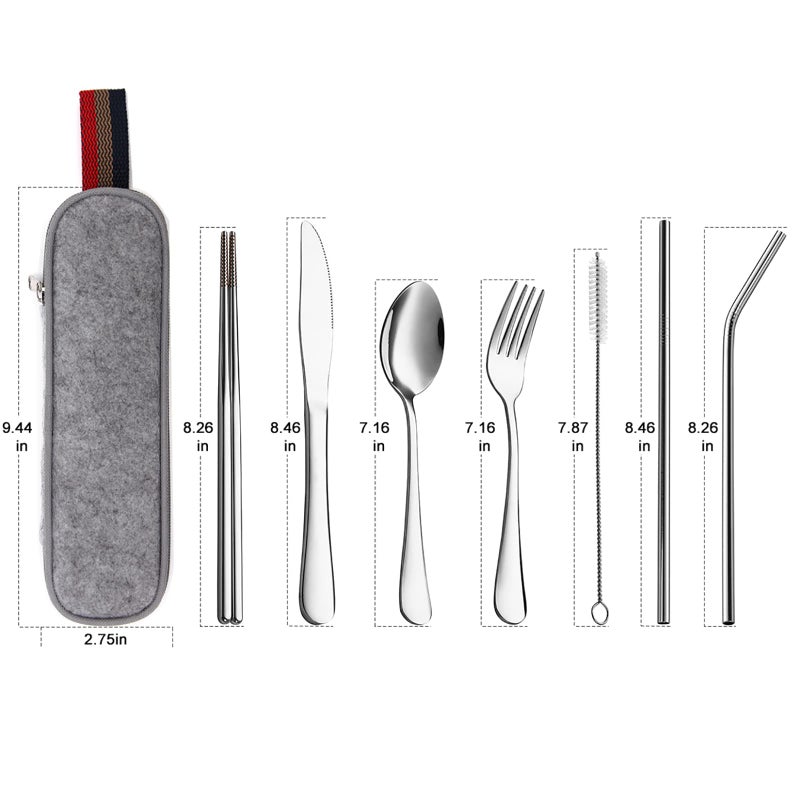 DEVICO Portable Utensils, Travel Camping Cutlery Set, 8-Piece including Knife Fork Spoon Chopsticks Cleaning Brush Straws Portable Case, Stainless Steel Flatware set (Silver) - Image 2