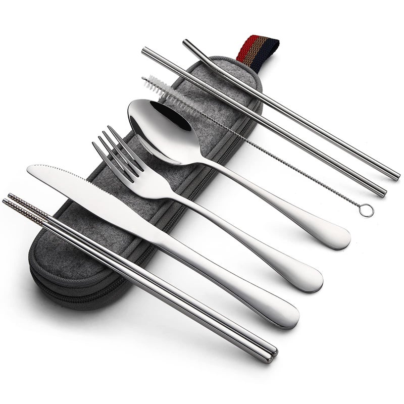 DEVICO Portable Utensils, Travel Camping Cutlery Set, 8-Piece including Knife Fork Spoon Chopsticks Cleaning Brush Straws Portable Case, Stainless Steel Flatware set (Silver) - Image 1