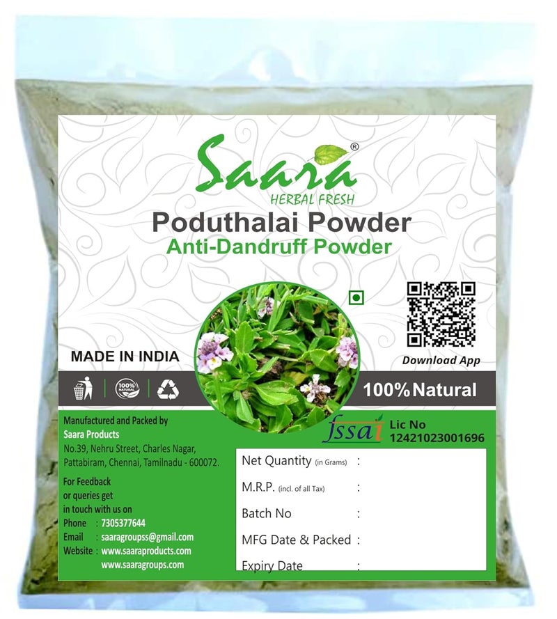 Saara HERBAL FRESH Poduthalai Powder200g Anti Dandruff Powder Phyla Nodiflora Ratuliyo Nela Hippali Kattuttippali Powder Natural Dandruff Removal pack of 2 x 100g - Image 1