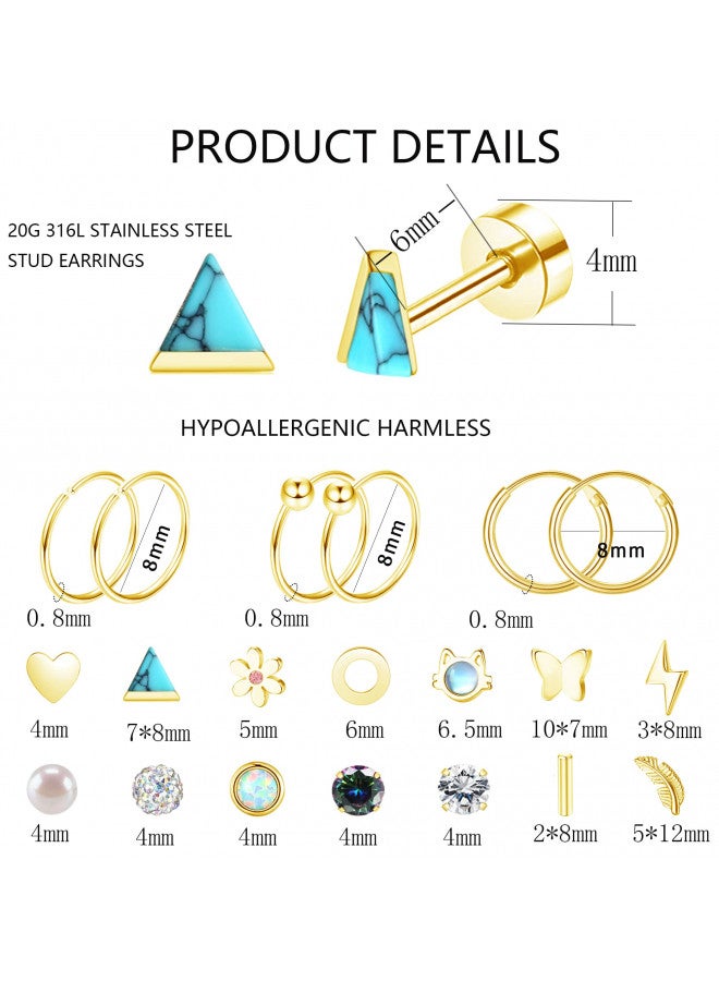 MJust 18 Pairs Stainless Steel Stud Earrings Set for Women Men Star Moon Triangle Heart Leaf 20G Cartilage Earrings Hypoallergenic Flatback Earrings Piercing Jewelry (Gold-A) - Image 2