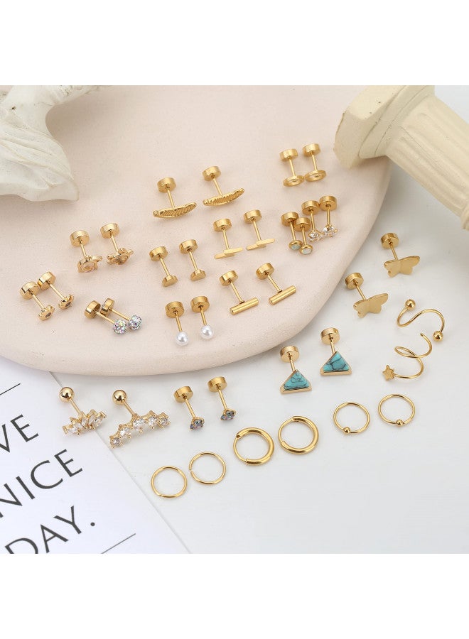 MJust 18 Pairs Stainless Steel Stud Earrings Set for Women Men Star Moon Triangle Heart Leaf 20G Cartilage Earrings Hypoallergenic Flatback Earrings Piercing Jewelry (Gold-A) - Image 4