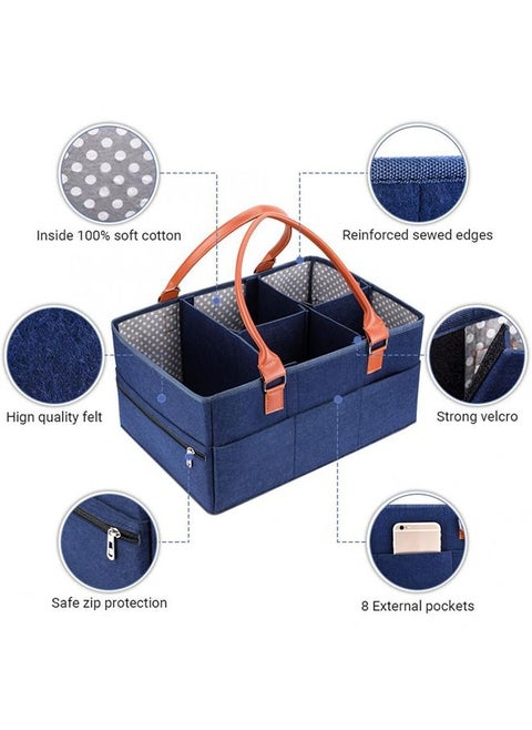 Baby Diaper Caddy Bag With Zipper Lid And Leather Handle  Dark Blue