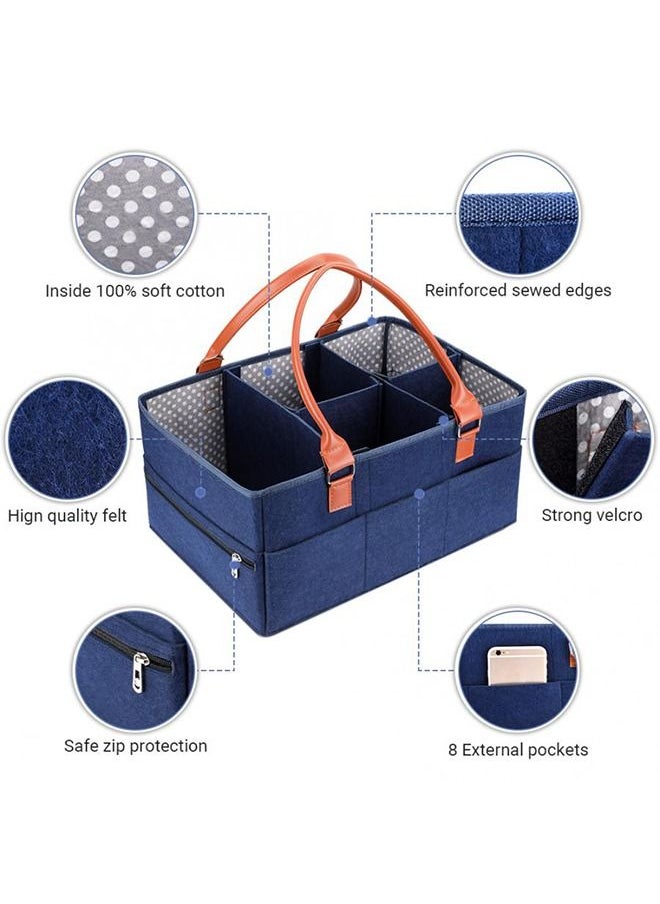 Arabest - Baby Diaper Caddy Bag With Zipper Lid And Leather Handle  Dark Blue - Image 1