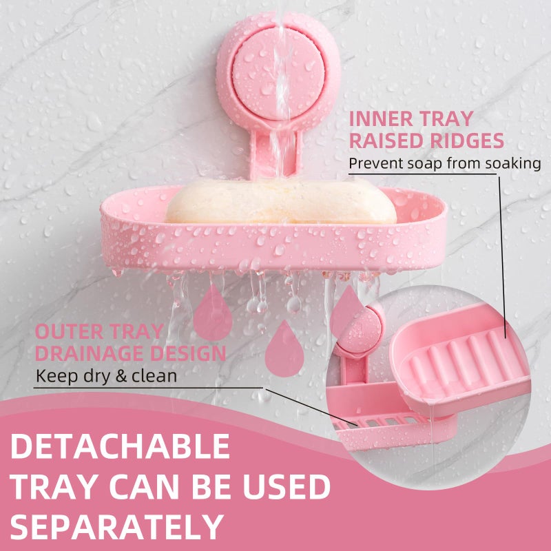 Leverloc Soap Dish Holder For Shower Suction Cup Wall Mounted Self Draining No-Drilling Removable Bar Soap Sponge Holder For Bathroom Bathtub Kitchen Sink Waterproof Strong Vacuum Suction  Pink - Image 4