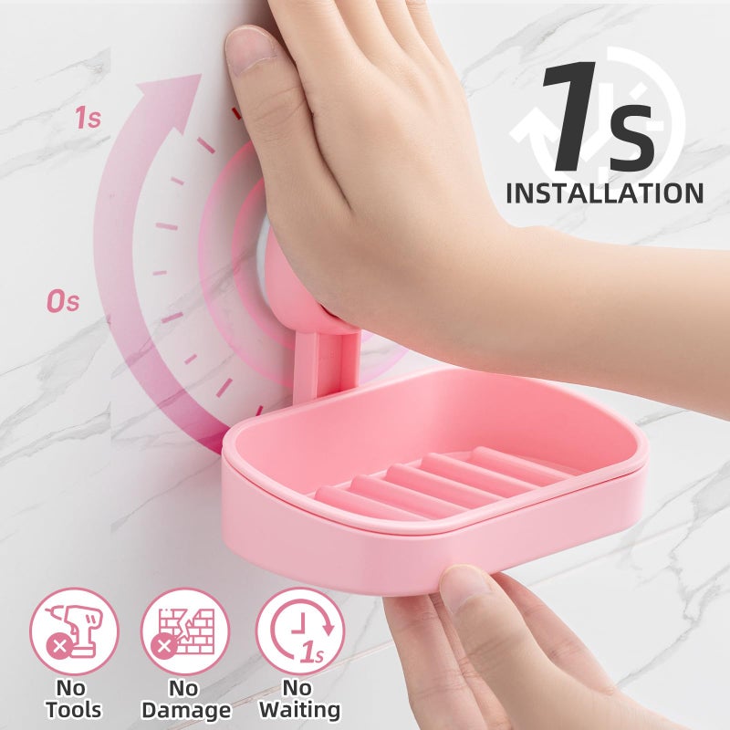 Leverloc Soap Dish Holder For Shower Suction Cup Wall Mounted Self Draining No-Drilling Removable Bar Soap Sponge Holder For Bathroom Bathtub Kitchen Sink Waterproof Strong Vacuum Suction  Pink - Image 2