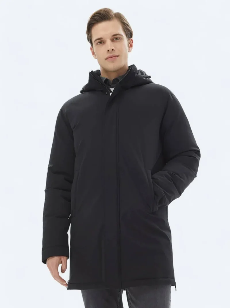Kip Black Comfort Fit Hooded Casual Weaving Coat