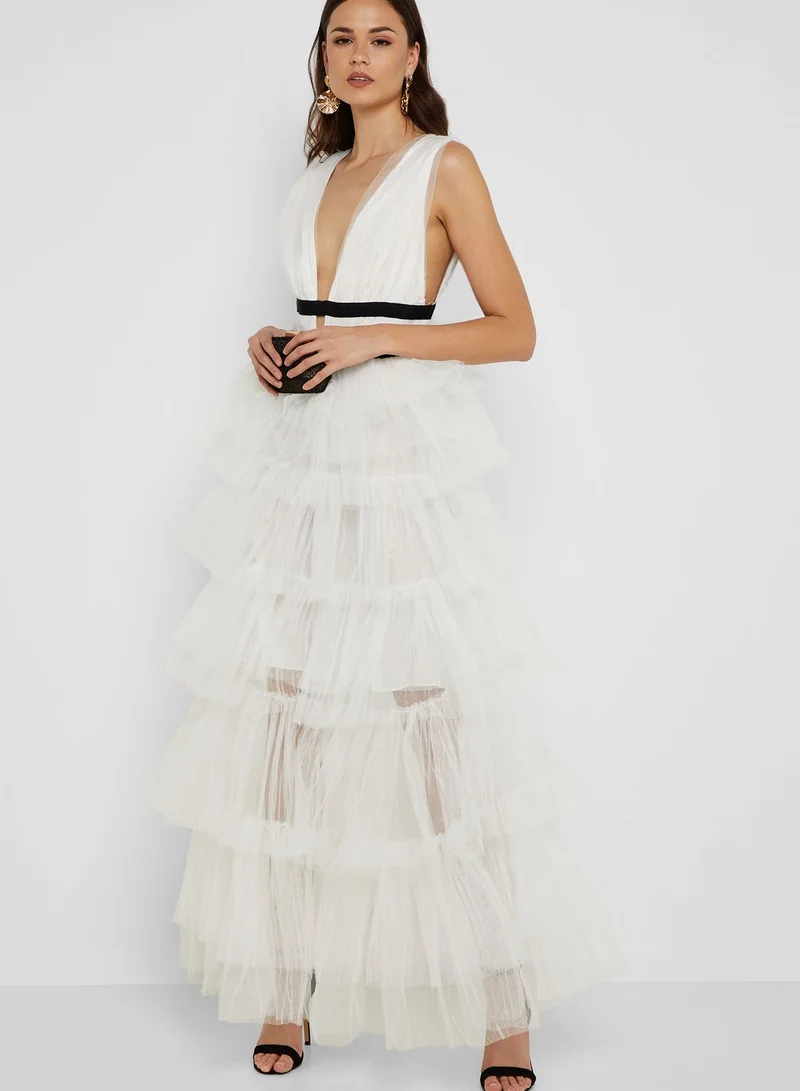 True Decadence Plunge Neck Tulle Overlay Dress