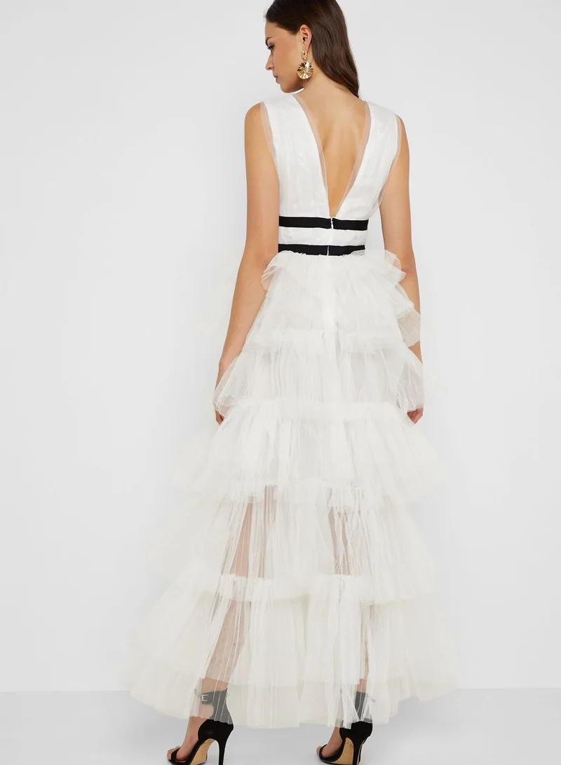 True Decadence Plunge Neck Tulle Overlay Dress