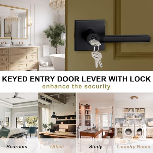 HISAFE Keyed Entry Door Lever with Lock, Heavy Duty Square Interior Handle for Front Door and Office, Matte Black, Reversible for Right&Left Handed, 1Pack - Image 2