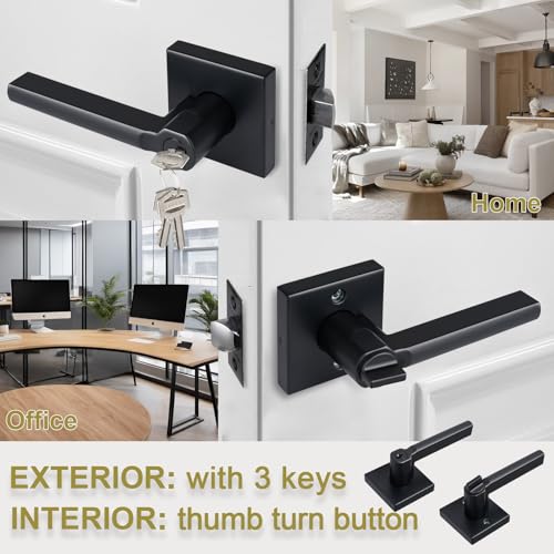 HISAFE Keyed Entry Door Lever with Lock, Heavy Duty Square Interior Handle for Front Door and Office, Matte Black, Reversible for Right&Left Handed, 1Pack - Image 3