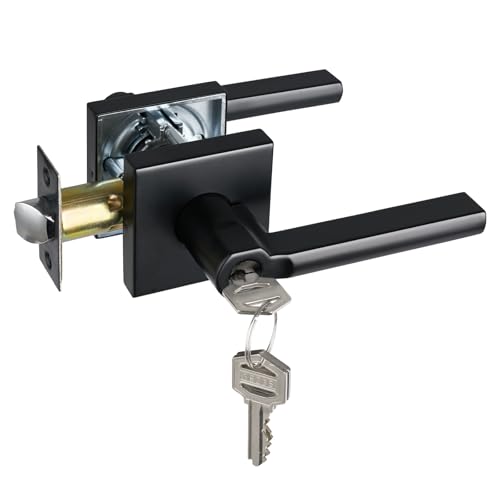 HISAFE Keyed Entry Door Lever with Lock, Heavy Duty Square Interior Handle for Front Door and Office, Matte Black, Reversible for Right&Left Handed, 1Pack - Image 1