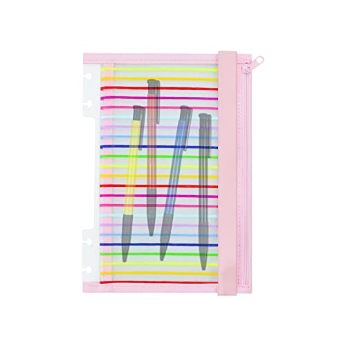 Chris.W Discbound Notebook Elastic Band Pen Holder, Junior Size Disc Bound Planner Cover Mesh Pencil Case Bag, Zipper Pouch for Pens Cards Stickers School Supplies (5.5inx8.5in, Pink with Stripe) - Image 1