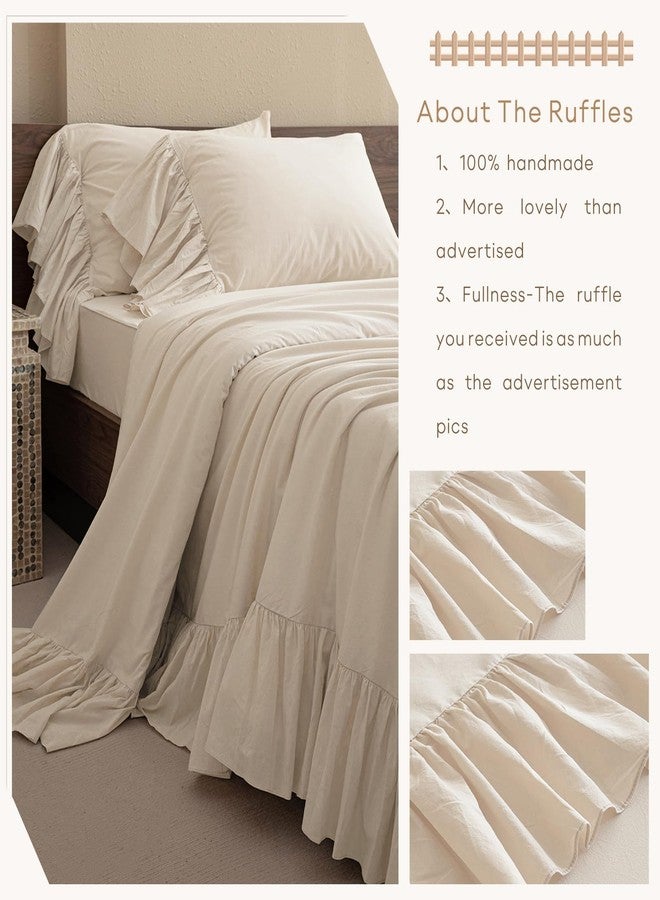 QSH 100% Cotton Queen Sheet Set, Ruffle Bed Sheets Wheat Farmhouse Shabby Vintage Chic Bedding 3 Pieces Aesthetic French Country Queen Bed Set Soft Breathable - Image 3