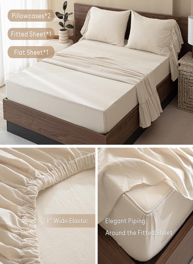 QSH 100% Cotton Queen Sheet Set, Ruffle Bed Sheets Wheat Farmhouse Shabby Vintage Chic Bedding 3 Pieces Aesthetic French Country Queen Bed Set Soft Breathable - Image 4