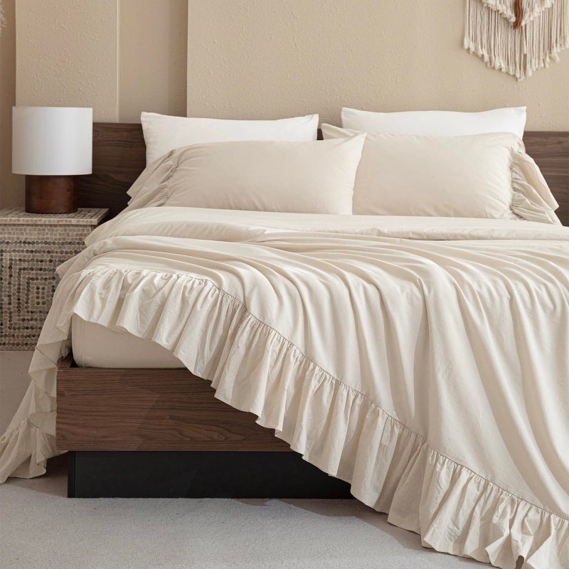 QSH 100% Cotton Queen Sheet Set, Ruffle Bed Sheets Wheat Farmhouse Shabby Vintage Chic Bedding 3 Pieces Aesthetic French Country Queen Bed Set Soft Breathable - Image 1
