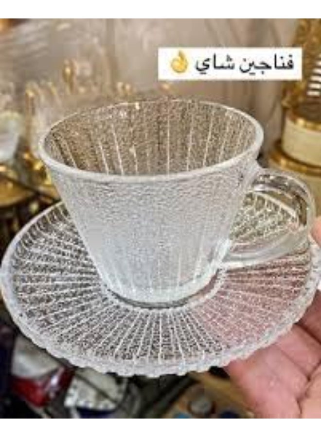 طقم أكواب قهوة زجاج شفافة، 6 أطقم (12 قطعة) أكواب شاي مخططة مع صحون، تصميم كلاسيكي حديث للمنزل والمكتب والمقهى - Image 2