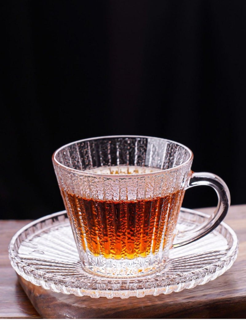 طقم أكواب قهوة زجاج شفافة، 6 أطقم (12 قطعة) أكواب شاي مخططة مع صحون، تصميم كلاسيكي حديث للمنزل والمكتب والمقهى - Image 1