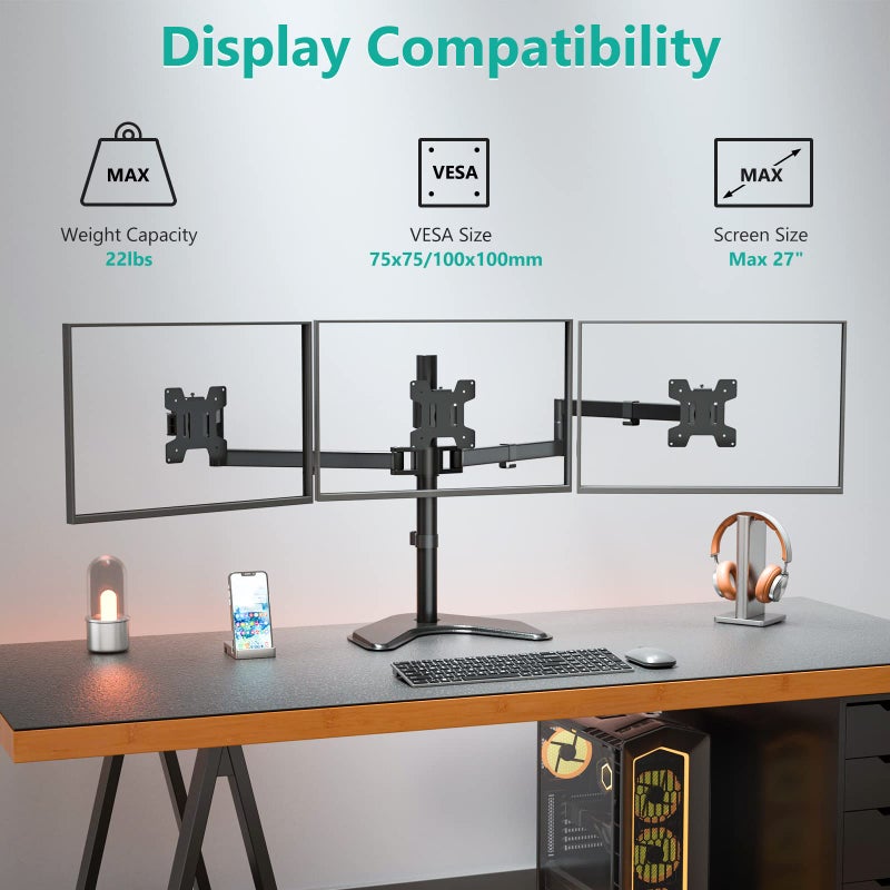 WALI Triple Monitor Stand, Free Standing Three LCD Monitor Fully Adjustable Desk Mount Fits 3 Screens up to 27 inch, 22 lbs Weight Capacity per Arm (MF003), Black - Image 3