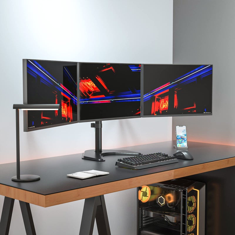WALI Triple Monitor Stand, Free Standing Three LCD Monitor Fully Adjustable Desk Mount Fits 3 Screens up to 27 inch, 22 lbs Weight Capacity per Arm (MF003), Black - Image 2