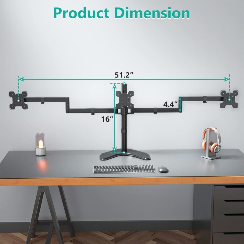 WALI Triple Monitor Stand, Free Standing Three LCD Monitor Fully Adjustable Desk Mount Fits 3 Screens up to 27 inch, 22 lbs Weight Capacity per Arm (MF003), Black - Image 4
