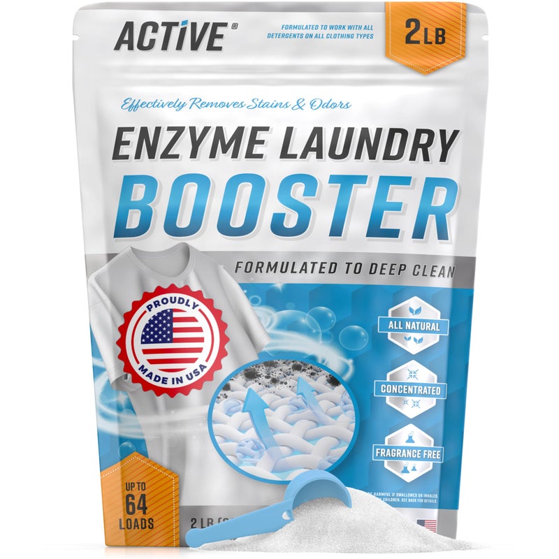 Active Enzyme Laundry Booster Odor Remover - 2 lbs Unscented Enzymatic Clothes Stain Cleaner Powder, Natural Deodorizer with Bio Active Enzymes, Detergent Additive Eliminator for Sweat, Oil, Blood - 64 Loads - Image 1