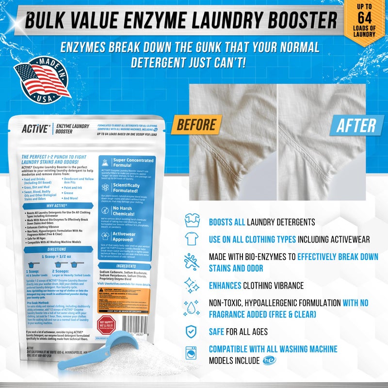 Active Enzyme Laundry Booster Odor Remover - 2 lbs Unscented Enzymatic Clothes Stain Cleaner Powder, Natural Deodorizer with Bio Active Enzymes, Detergent Additive Eliminator for Sweat, Oil, Blood - 64 Loads - Image 2