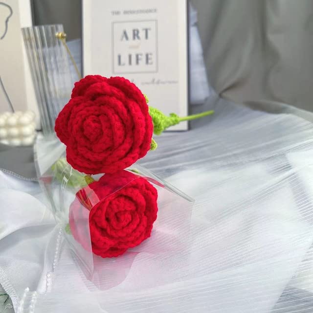 HIPIHOM Crochet Flowers,1Pcs Knitted Artificial Wool Red Rose for Girl Gift Wedding Bouquet Mothers Day Anniversary Valentine's Day Women's Day - Image 3
