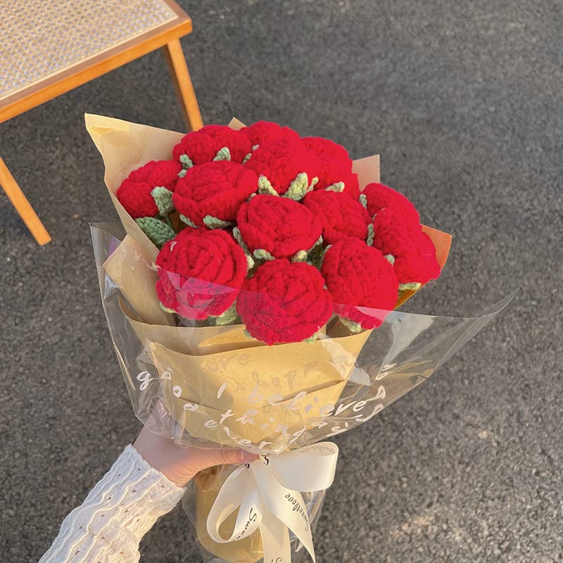 HIPIHOM Crochet Flowers,1Pcs Knitted Artificial Wool Red Rose for Girl Gift Wedding Bouquet Mothers Day Anniversary Valentine's Day Women's Day - Image 4