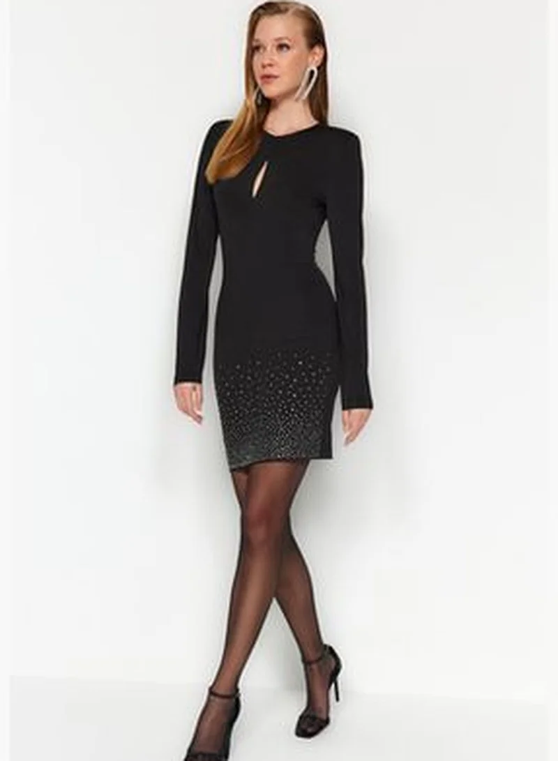 trendyol Black Fitted Evening Dress with Shiny Knitted Stones TPRAW24EL00133.
