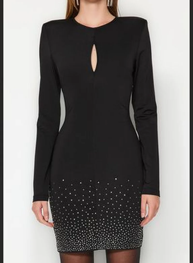 trendyol Black Fitted Evening Dress with Shiny Knitted Stones TPRAW24EL00133.