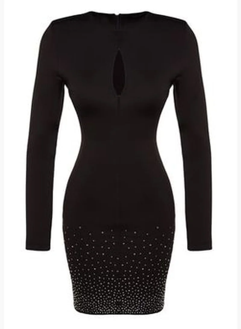 trendyol Black Fitted Evening Dress with Shiny Knitted Stones TPRAW24EL00133.
