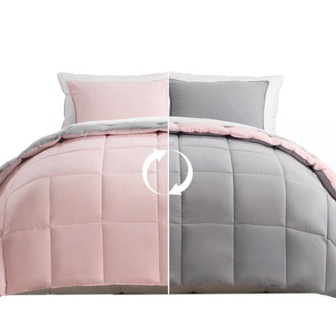 REVERSIBLE NOSHRINK QUEEN SIZE COMFORTER SET AND 2 SHAMS DOWN ALTERNATIVE DUVET INSERT WITH CORNER TIES LIGHTWEIGHT ULTRA SOFT MACHINE WASHABLE ALLSEASON PINK POTPOURRISILVER