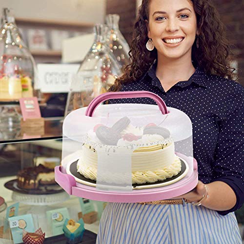 VERAT Cake Carrier with Lid and Handle/Cake Containers/Cake Holder for 11 inch/Cake with 3 Handles Cupcake Carrier/Cake Boxe Packing/Plastic Cover Three Sided Base/Round Storage Carrier(Pink) - Image 4