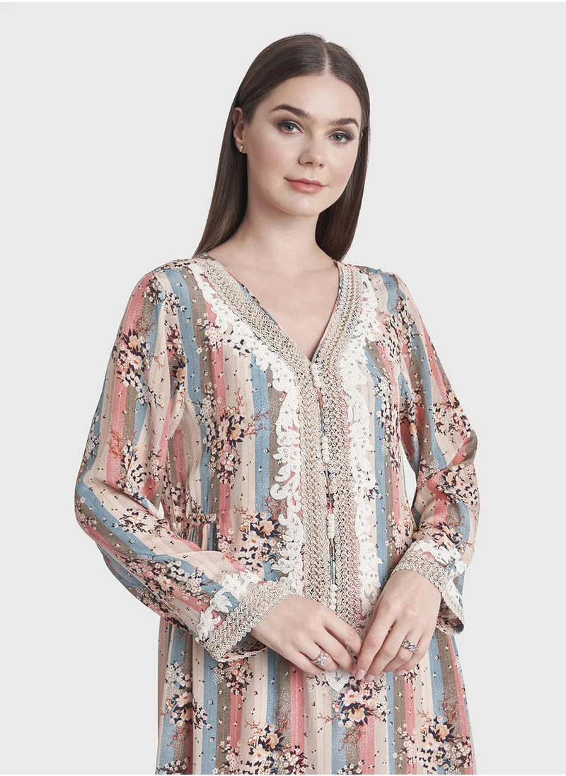 كشخة Viscose Crepe Kuwaiti Floral Print Jalabiya
