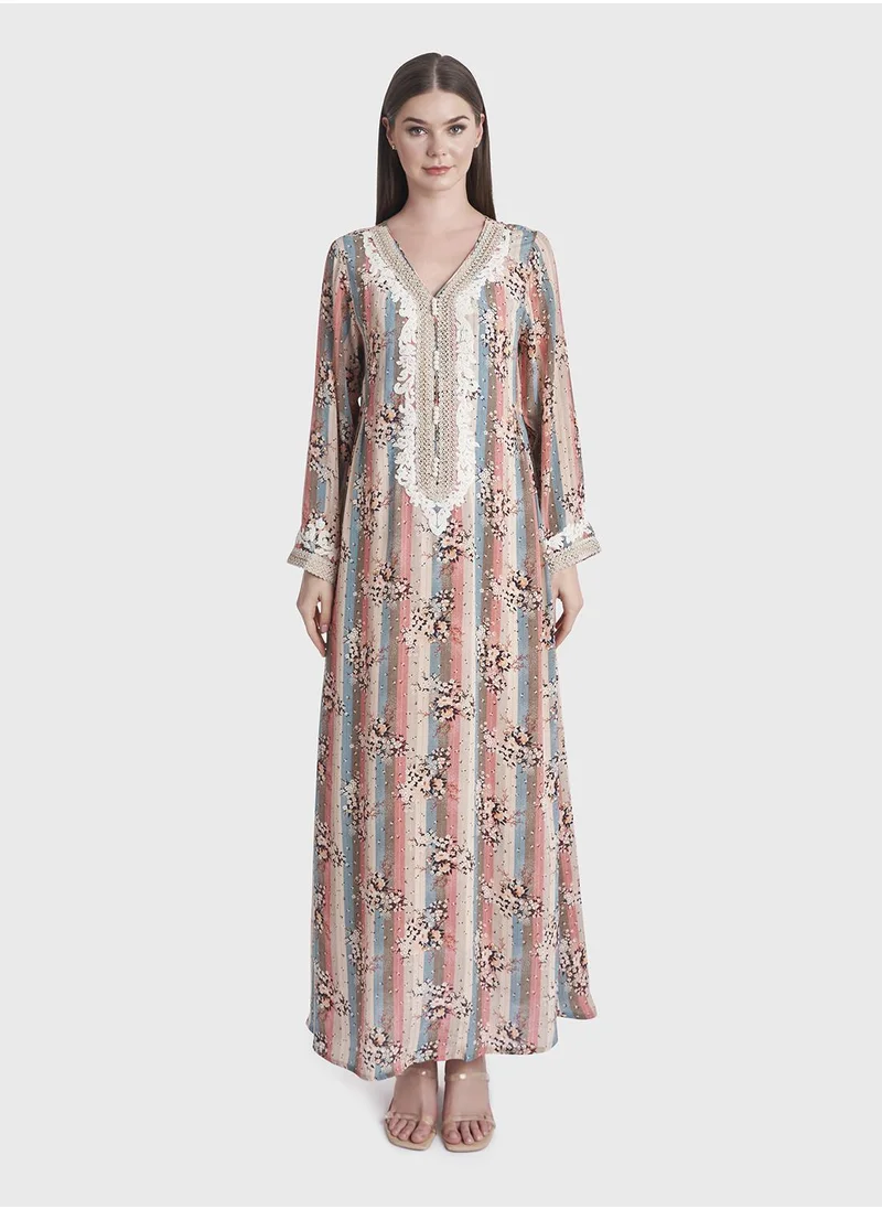كشخة Viscose Crepe Kuwaiti Floral Print Jalabiya