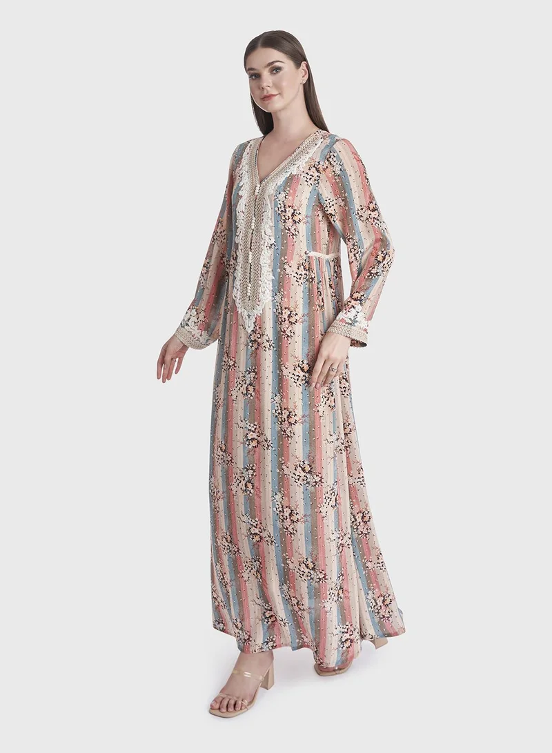 KASHKHA Viscose Crepe Kuwaiti Floral Print Jalabiya
