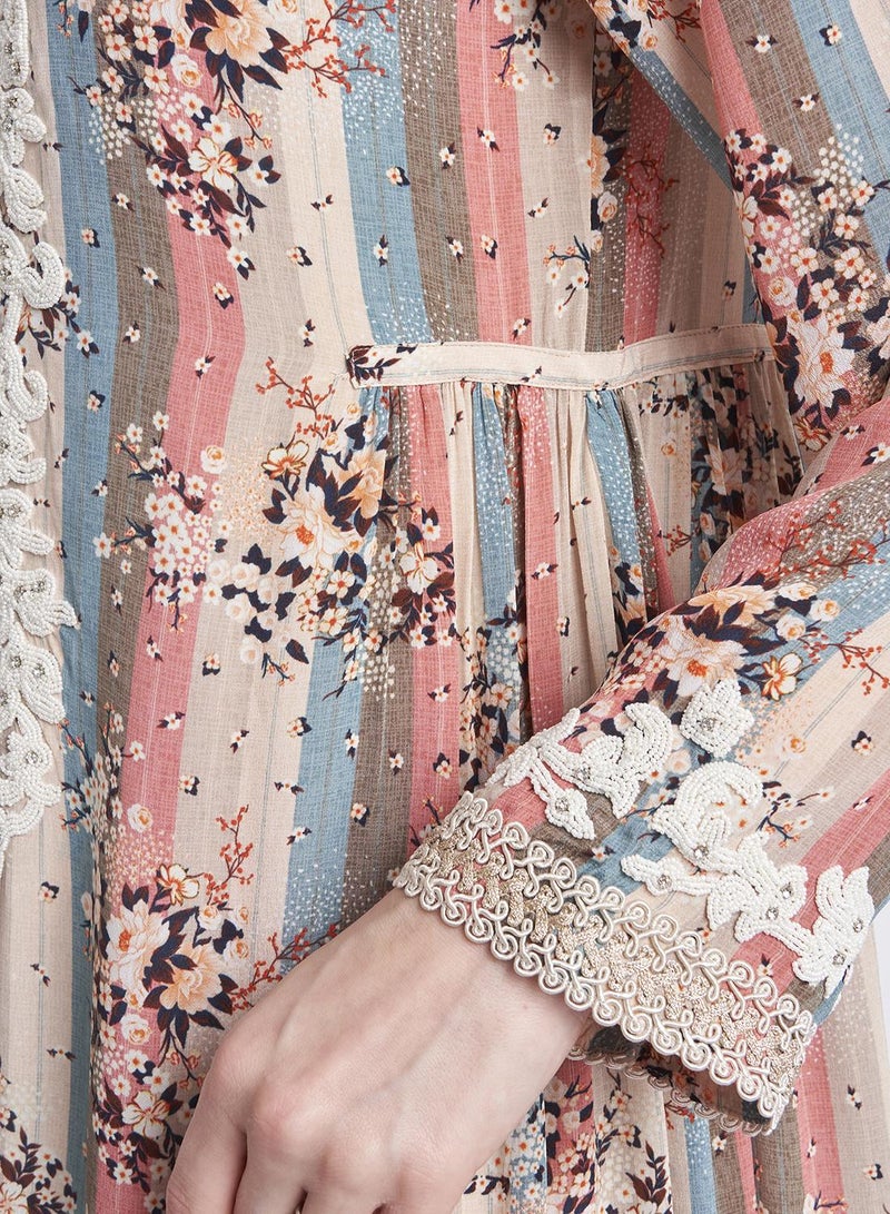 كشخة جلابية كويتية بطبعة زهور من الفيسكوز كريب - Image 5