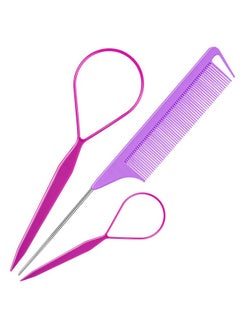 TsMADDTs TsMADDTs Hair Braiding Tool Set - 3Pack with French Braid Tool, Rat Tail Comb, and Metal Pin Comb for Hairstyling, Purple  - Image 1