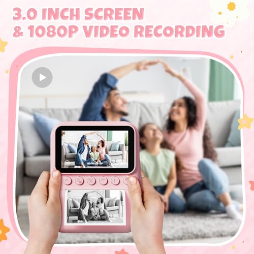 CalineGam Kids Instant Print Camera 30 Screen 48MP Photo 1080P HD Gift for 312 Year Old Girls Boys Pink with 32GB Card - Image 3
